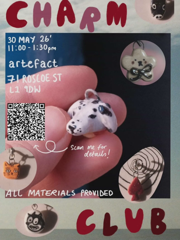 Event flyer for Charm Club: Ceramic Charm Jewellery Making Class on Saturday 30th May 2026