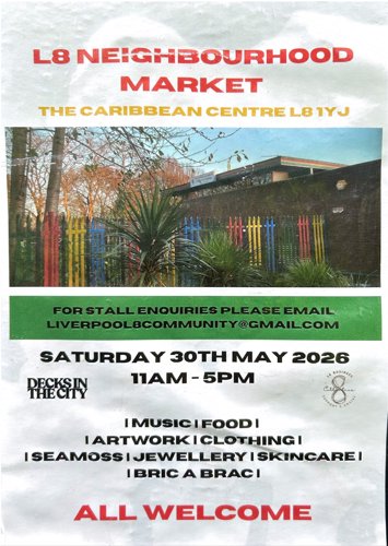 Event flyer for L8 Neighbourhood Market on Saturday 30th May 2026