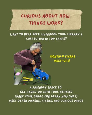 Event flyer for Fixers Meetup at Liverpool Tool Library on Friday 29th May 2026